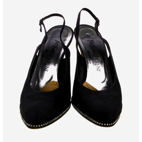 YSL Womens 8.5 VINTAGE Rhinestone Crystal Slingback Heels Almond Toe Black Satin - Picture 4 of 6